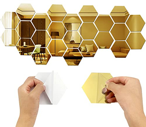 24Pcs Self Adhesive Hexagon Acrylic Decor Wall Mirror Sticker Decal, Gold | for Walls, For Living Room, Bedroom, Home Decoration