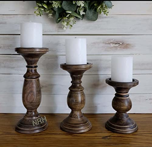 Wooden Pillar Candle Holders, Vintage Candle Stand for Pillar Candles, Candle sticks Center pieces for Table Mantle Fireplace Decor (Set of 3)