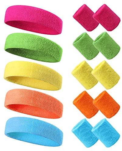 Csirnto Neon Schweißband Set 15 Stück 80er 90er Jahre Stirnband und Schweißband Handgelenk, 5 Farben Sportstirnband Fitness-Schweißbänder Stirn Schweissband Retro Party Accessoires für Damen Herren