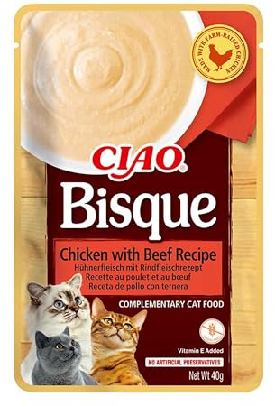 INABA Ciao Bisque, Katzenfutter Nass mit Huhn und Rind, 40g | Cremige Paste und Leckere Katzensuppe mit Hochwertigen Zutaten, Ohne Getreide und Zucker, Kalorienarm, Keine Nebenerzeugnisse