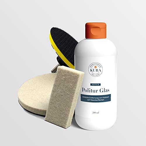KURA Set Politur Glas I die erprobte Glaspolitur für nicht fühlbare Kratzer, Schlieren & Mattierungen I für jegliche Glasoberflächen wie Glastische, Glaskeramik, Fenster uvm.