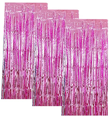Fajoeda 3 Stück 100cm x 200cm Rosa Metallic Lametta Folie Fringe Vorhänge Foto Booth Requisiten für Geburtstag Hochzeit Verlobung Brautdusche Baby Dusche Bachelorette Urlaub Feier Party Dekorationen