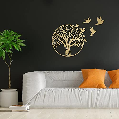 RNQZ Décoration Murale en métal, Arbre de Vie en métal * 1 + Oiseau de Paix * 5, décoration Murale d'arbre à Suspendre, décoration de la Maison, Salon, décoration intérieure,d'or,49CM