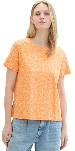 TOM TAILOR Damen Basic T-Shirt mit Print, apricot abstract leaf print, S