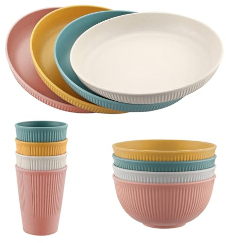 FUNYKICH Ensemble de Vaisselle 12 pièces, Service de Table, Bol, Plate, Tasses, Vaisselle pour Pique-Nique, Vaisselle Incassable pour Toute la Famille, Reusable Kit de Vaisselle de Camping