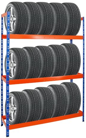 PROREGAL Reifenregal Tiger XL | HxBxT 200x150x45 cm | 300kg Fachlast | bis zu 18 Reifen (205/55 R16) | Blau/Orange | Werkstattregal, Lagerregal, Kellerregal