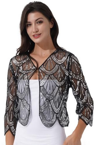 Sinleey Womens Shiny Sequins 1920s Vintage Crop Cardigan Long Sleeve Open Front Bolero Shrugs for Evening Dresses Silver One Size