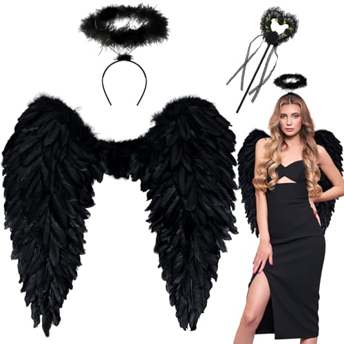 Orgoue Alas de Angel, Alas de Angel Negras Alas de Angel para Disfraces de Carnaval Alas de Plumas Disfraz de Angel con Halo para Halloween Carnaval Fiesta de Cumpleaños (Negro Adulto)