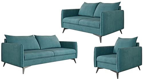 S-Style Möbel Nina Sofagarnitur 3 2 1 Polstergarnitur Couchgarnitur Couch-Set 3-Sitzer Sofa 199x91x86cm 2-Sitzer Sofa 138x91x86cm Sessel 74x91x86cm Schwarze Metallfüße Türkis