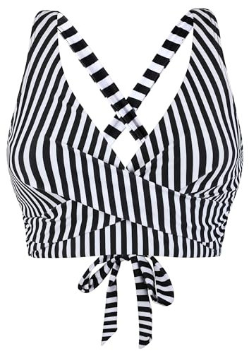 coastal rose Women's Criss Cross Underwire Bikini Top Only, V Neck Push Up Full Coverage Swimming Costume Swim Tops, Black White Stripe, 8