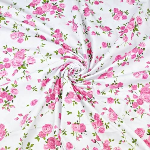 Textrend Baumwollstoff Stoffe Meterware - Stoff zum Nähen - 100% Baumwolle - Blumenmuster - Textilien 1x2.2m (Rosenzweige rosa auf weiß)