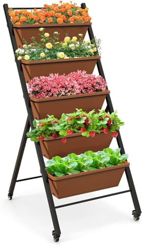 Vertikales Hochbeet mit 5 Etagen,Garden Vertikalbeet mit 5 senkrechten Etagen,Vertikalbeet mit Rollen, Blumentreppe aus Metall, Gemüsebeet Blumenkasten für Balkon Garten-Braun||57 x 74 x 127 cm