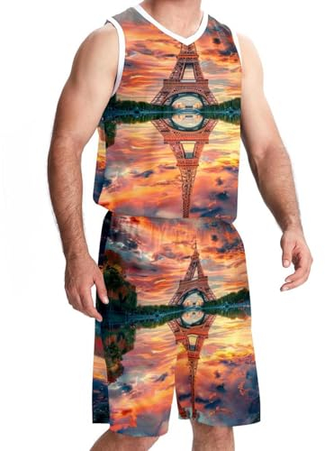 KQNZT Basketball-Trikot für Herren, Trikots für Herren, Basketball-Trikot, Eiffelturm, Sonnenuntergang, Landschaft, Paris, Design 3329, Einheitsgröße