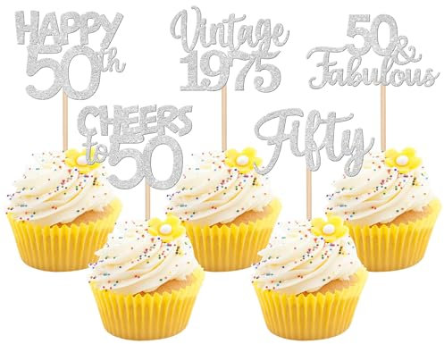 30 Stück Vintage 1975 Cupcake Toppers Glitzer Happy 50th Geburtstag Tortendeko Cheers to 50 Fabulous Fifty Kuchen Deko für 50th Geburtstag Hochzeit Jahrestag Party Silber