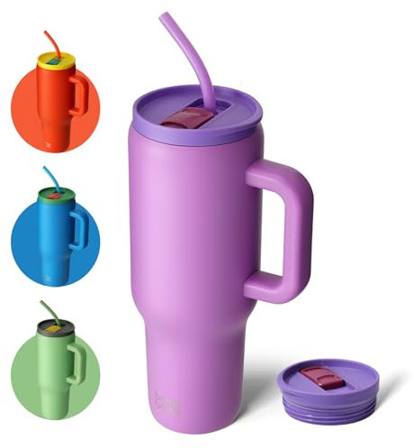 Bouteille de 1200 ml avec poignée et paille - Tasse de voyage sous vide en acier inoxydable avec paille - Bouteille d'eau sous vide en acier inoxydable pour cadeaux, fêtes, bureau, café (violet