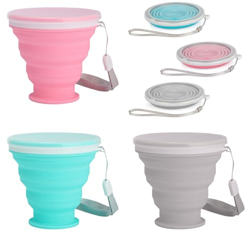 SYEYCW 3 Pièces Tasse de Voyage Pliable, Gobelet Pliable en Silicone, Silicone Portables Réutilisables, avec Couvercle Hermétique, pour Pique-Nique, Camping, Randonnée, Voyage, 3 Couleurs