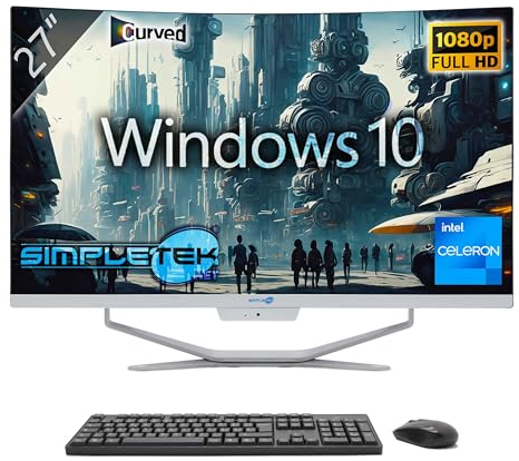SIMPLETEK All in One AiO 27” FHD Curvo Windows 10 Celeron fino 1.8GHz 16GB RAM SSD 120GB HDD 1TB+ Mouse Tastiera Wireless inclusi Webcam PC Gaming Curved Streaming Casa Lavoro Computer per Ragazzi