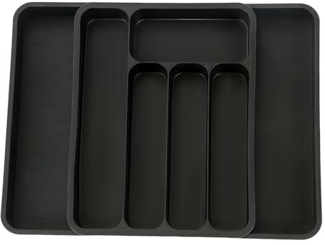 Besteckkasten für Schubladen, Besteckkasten, Schubladeneinsatz, PP-Material, Mehrere Fächer, Doppelt Ausziehbare Schubladen, Leicht zu Reinigen, für Küche, Wohnzimmer, Schlafzimmer (Schwarz)