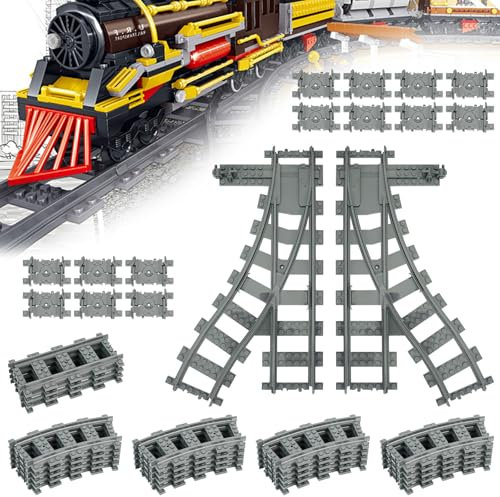 POFIBO City Zug Schienen Set - 40 Stück Bausteine Zug Schienen Set, City Schienen Erweiterungsset for Train, Spielzeug Eisenbahnschienen, Zugschienen Eisenbahn City Zug Zubehör für Jungen Mädchen