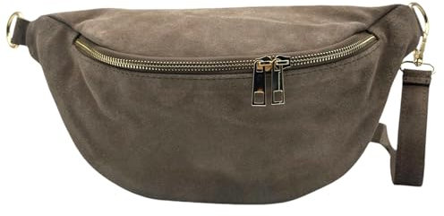 Bauchtasche Wildleder Goldener Reißverschluss Damen Umhängetasche Brusttasche Crossbody Bag Velours Gürteltasche Hüfttasche Bodybag Schultertasche (Taupe)