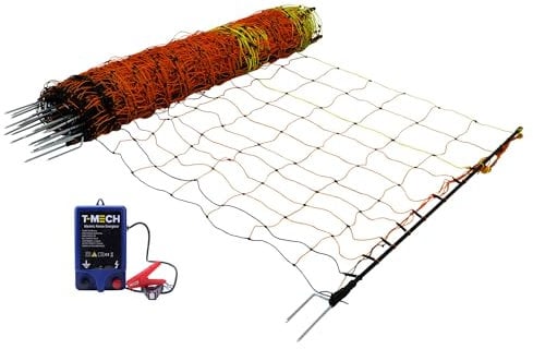 Electric Fence Energiser & Poultry Netting 50m Roll Fencing Battery Powered Controller 10KM Range Chicken Hen Turkey Net Mesh 11 Wires 120cm High 14 Double Spikes Repair Kit Ground Spikes Earth Stake