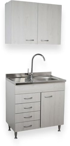 Yellowshop - Mobile cucina sottolavello a 1 anta e cassettiera cm 80 effetto legno frassino moire componibile con lavello inox e scolapiatti Basic (Sottolavello completo cassettiera Sx)