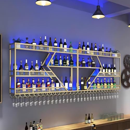 SPTZQURY Weinregal zur Wandmontage mit Wein Glashalter, 3 Lagiger Großes Industriell Schwebende Wandmontage Weinflaschenhalter, Bar Multifunktionaler Weinpareite Display Rack (Gold, 3 Lagiger,160cm)