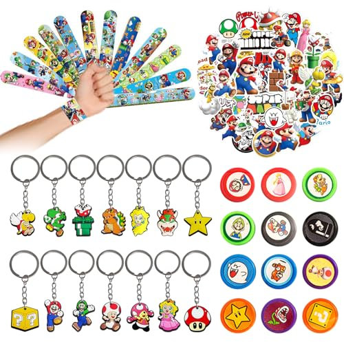 Elie&Eason Sacs de fête Mario, fournitures de décoration d'anniversaire, 50 autocollants, 14 porte-clés, 12 sceaux, 12 bandes Slap pour adolescents et enfants