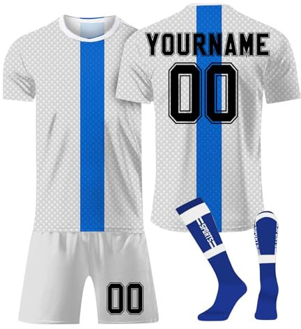LILIHOT Personalisiert Fußballtrikot Kinder Erwachsene Fusstball Shorts Socks&Trikots 3 Teiliges Set,mit Namen Teamname Nummer Logo Atmungsaktiv Sport Tshirt Trainingsanzug Fantrikot(#E White)