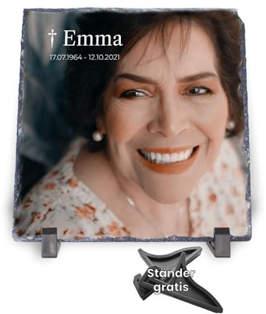 MOMENTU® Personalisierter Gedenkstein mit Foto [Schieferplatte 19x19cm + Ständer] Steinplatte mit Kreuz Trauerstein Fotoaufsteller Gedenkfoto Grabplatte Grabschmuck Gedenktafel Kondolenzgeschenk
