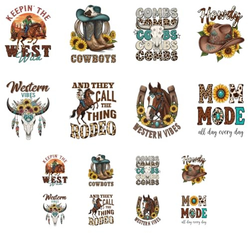 ANATTASOUL 16Pcs Cowboy und Pferd Bügelbilder Für Textilien für Kleidung | 6.5 x 8 CM/18 x 22 CM Schnell & Einfach Bügelbild DIY Sticker zum Aufbügeln Bügelbilder Erwachsene für Hosen, Hüte, Taschen