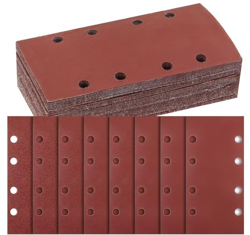 BEASAFY 40 Pièces 93 X 230 mm Rectangulaires Papier Poncer, 8 Trous Feuilles Abrasives, Papiers de Verre Auto-Agrippant, Papier Abrasif pour Ponceuse Bosch （ 60 80 120 180 320 600 800 1000 ）