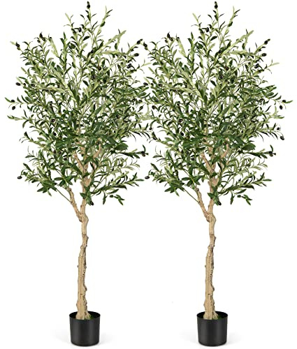 COSTWAY 2er Set Künstliche Olivenbaum, Kunstpflanze 180 cm, Zimmerpflanze mit Zementtopf & natürlichen Blättern & 72 Früchten, Kunstbaum für Garten Büro Zuhause, Künstliche Pflanzen, Grün