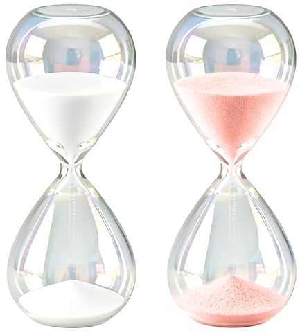 Behogan 2 Stück Sanduhr, 30 Minuten Hourglass, Bunter Sanduhren aus Glas, Sand Time, Großes Sandglas aus Borosilikat Glas für Zuhause, Schreibtisch, Bürodekoration, 8 x 8 x 20cm, Rosa+Weiß
