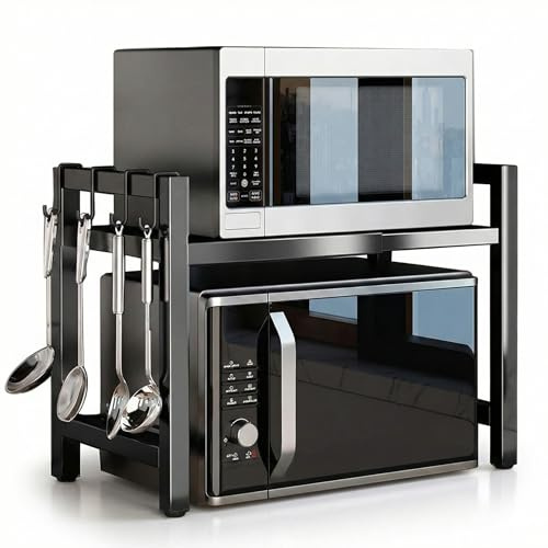 Generico Mensola Microonde Estensibile da Cucina – Scaffale Porta Microonde con 6 Ganci Laterali, Ripiano Regolabile in Larghezza, Supporto Microonde in Metallo Nero Salvaspazio