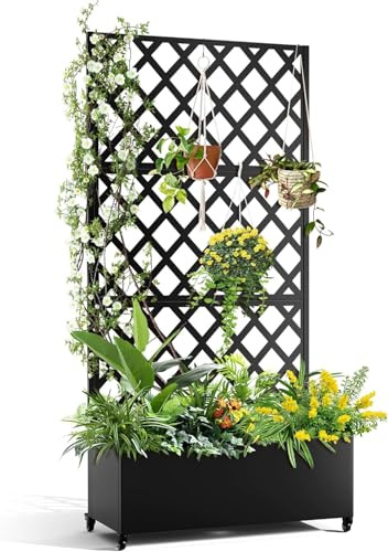 Creperture Pflanzkübel mit Sichtschutz, Metall-Hochbeet mit Spalier, Spalier Pflanzkasten mit Drainagelöchern und Feststellbaren Rollen Blumenkästen für Garten, Terrasse und Balkon, 45x119x183cm,B