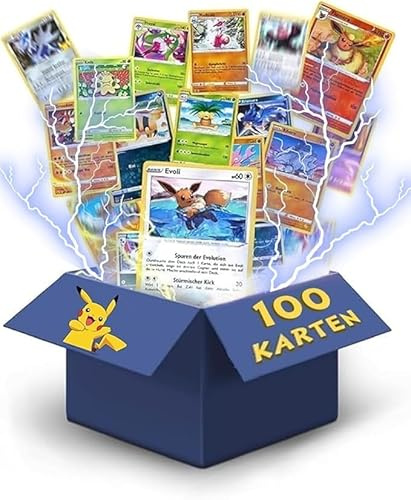 100x Pokémon Karten (Deutsch) – 75x Common/Uncommon + 5 selten Holographische Karten + 20x Energiekarten – Zufällige Auswahl + Heartglobal® Versandschutz