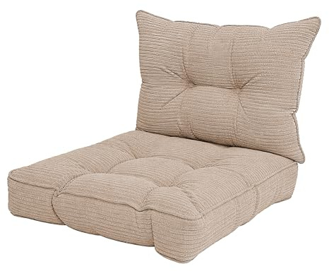 POKAR Stuhlkissen 2er Set 1x Sitzkissen 60x60x10 cm + 1x Rückenlehne 60x40x10 cm | Loungekissen aus Cord | Auflagen für Gartenstuhl und Rattanmöbel | Öko Tex Zertifiziert | Made In EU | Beige