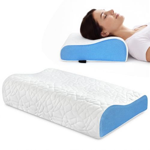 PKBD Memory-Schaumkissen, Doppelhöhe Ergonomisches Kissen, Weiß-Blau | Orthopädisches Nackenkissen Lindernt Hals- & Schulterschmerzen, Stützt Rücken-, Bauch- Und Seitenschläfer Für Tiefschlaf