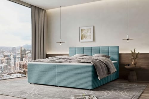 99rooms Bergamo Boxspringbett Doppelbett Ehebett Cordstoff AMBIENCE Hellblau 200x200 cm ohne Topper, Bonellfederkern-Matratze 19 cm