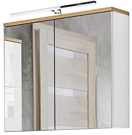 Lomadox Spiegelschrank mit LED-Beleuchtung in weiß mit Wotan Eiche Nb., B/H/T ca. 80/70/20 cm