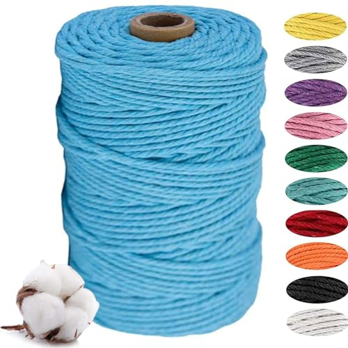 JOKILY Makramee Garn 3mm x 100m, Natur beige Baumwollgarn ohne Chemie, Makramee Garn Set, Macrame Cord für DIY Handwerk Basteln Wandbehang Blumenampel Pflanze Aufhänger Stricken (Himmelblau)