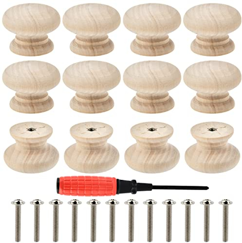 EMNIMQ Bouton Meuble Bois Naturel Poignée Tiroir en Bois 35 x 26 mm Boutons de Porte Ronde avec Vis et Tournevis Petit Bouton de Porte Bois pour Armoires Tiroirs Pansements Cuisine etc.