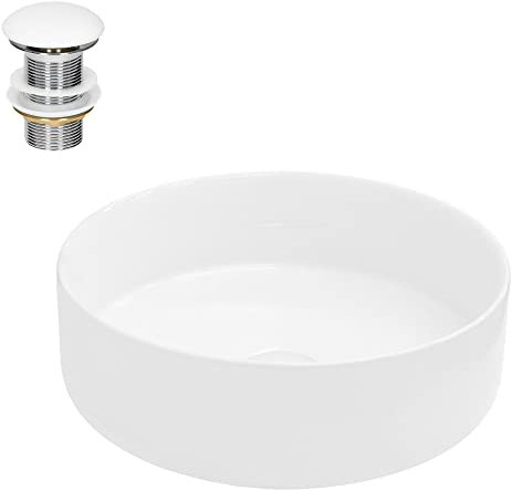 ECD Germany Design Waschbecken Waschtisch Ø 355 x 120 mm inkl. Ablaufgarnitur für Waschbecken ohne Überlauf Keramik Rund Weiß Aufsatzbecken Aufsatzwaschbecken Waschschale Aufsatzwaschtisch Spülbecken