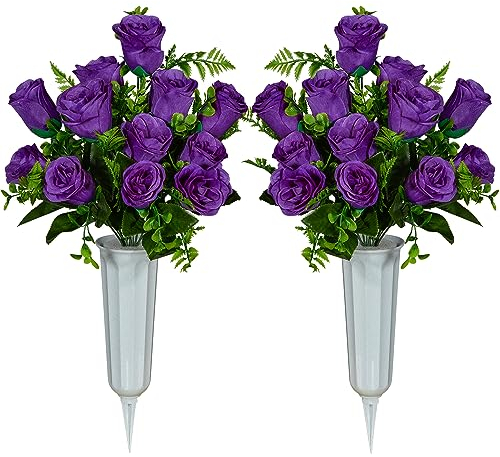 SIFOEL Artificial Cemetery Flowers with Vase, Artificial Rose Bouquet Grave Memorial Flowers for Cemetery Headstones Decoration (Purple-2Pcs)