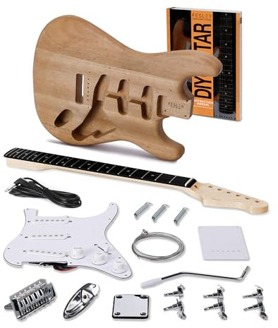 Fesley DIY E-Gitarre Kit mit Pappelkörper & kanadischem Hartahornhals Bauen Sie Ihre eigene Gitarre Kit DIY E-Gitarren mit Techwood Griffbrett ST Style 6 Saiten SSS Tonabnehmer Natur