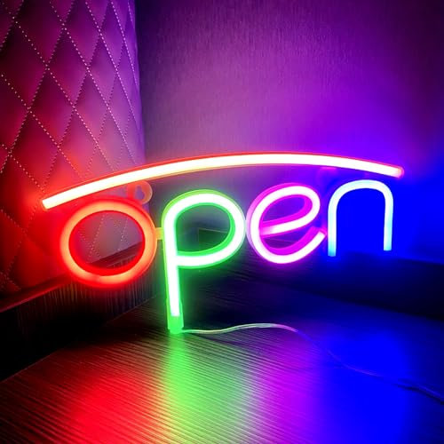 HFHungkeong OPEN Leuchtreklame LED Nachtlicht für Restaurant Bar Salon Hotel, Geschäft Kino Café Club Bank Fenster Wand Dekoration USB betrieben (oberes Korallenrosa und unteres Rot Grün-Rosa-Blau)