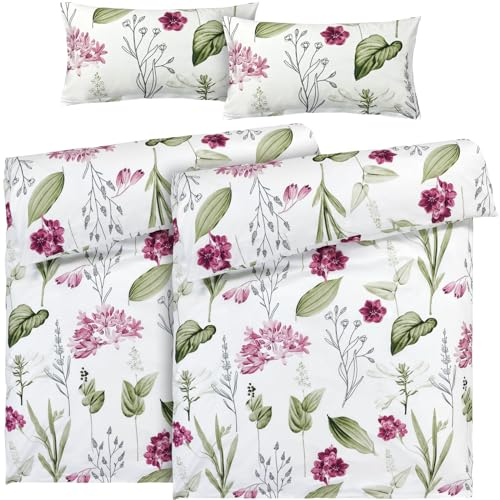 Pure Label Blumen Bettwäsche 4teilig 135x200 cm mit einem 2er Set Kissenbezüge 40x80 cm - Traumhaft weiches Bettwäsche-Sets 135 x 200 cm in weiß aus 100% Baumwolle mit YKK Reißverschluss