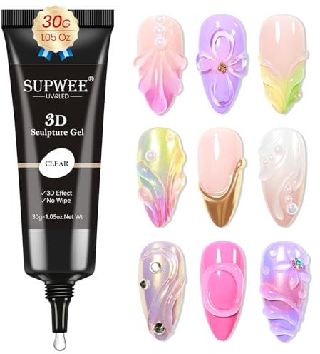 SUPWEE 3D Gel Nail Art - 30G Clear Sculpting Gel Nail Carving Gels for Nail Design DIY Nail Molding Gel Carved Gel Nail Polish No Wipe 5D Embossed Candy Gel Nail Decoration