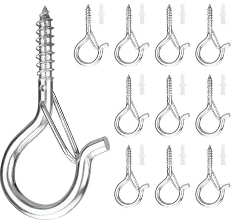 10 piezas M4 Ganchos de Tornillo Hembrillas Cerradas,Cáncamos de Tornillo con Rosca de Madera,Ganchos de Techo de Luz con Hebilla de Seguridad,Pernos de Ojo de Tornillo Alcallatas Pared (Plata)